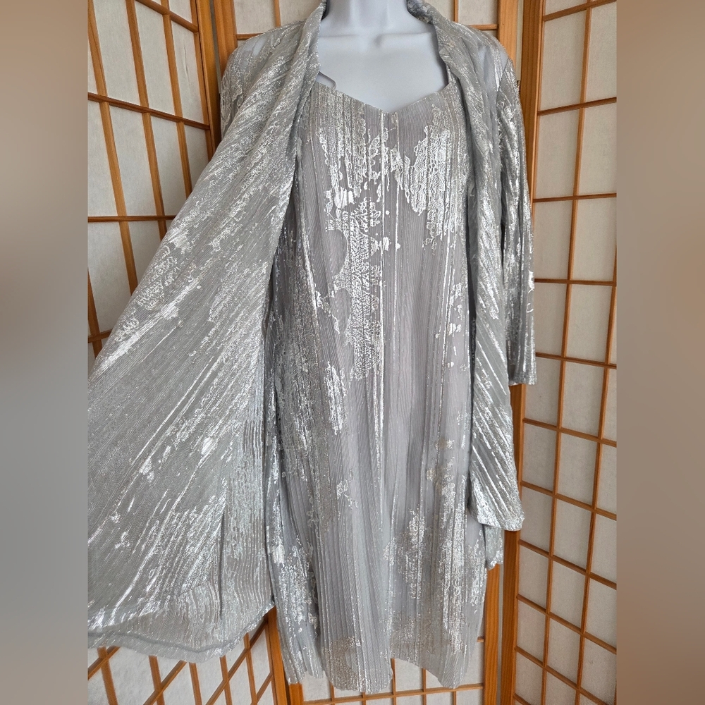 Silver Metallic Pleated Evening Dress with Matching Jacket